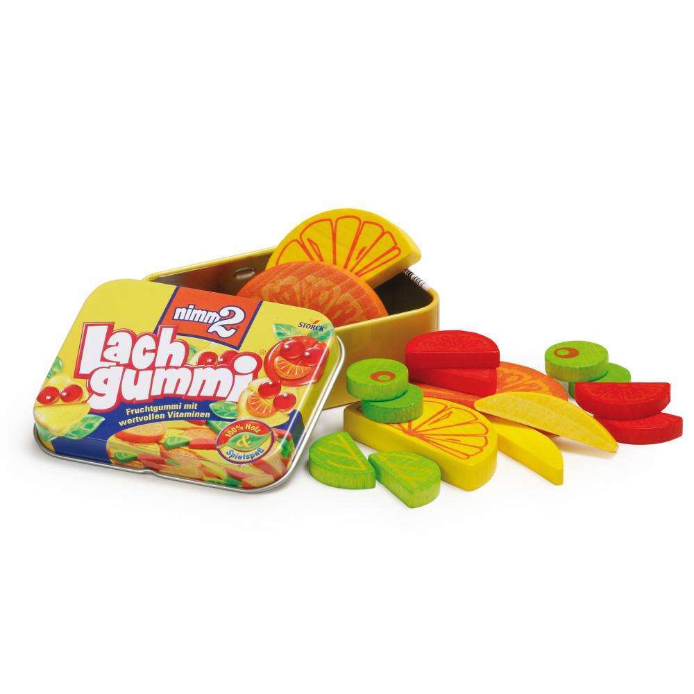 Houten Speelgoed Houtenspeelgoedkeukentje Speeleten Lachgummie Snoepjes In Blikje Erzi Gekleurd Geel Oranje Groen Rood