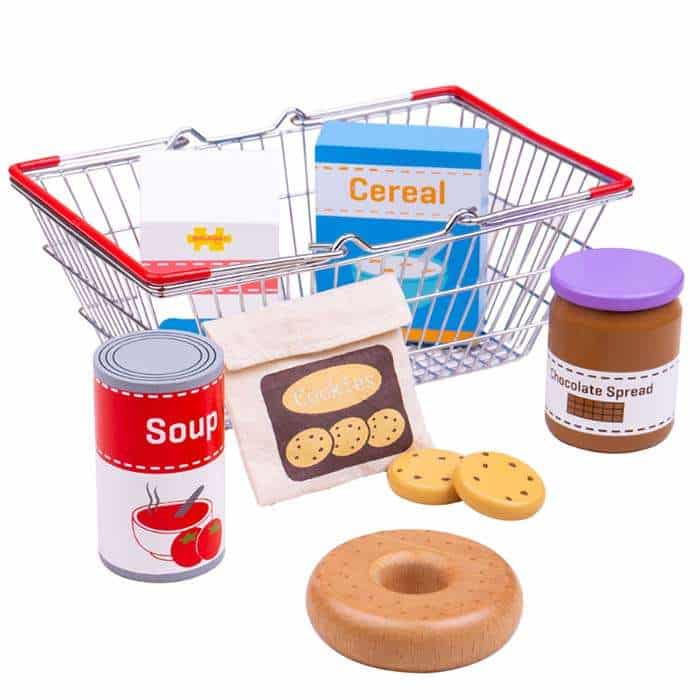 Doeppiedee Houtenspeelgoedkeukentje Houtenspeelgoed Speeleten Boodschappenmand Met Eten Boodschappen Soep Gevuld Donut Koekjes Chocoladepasta Bigjigs