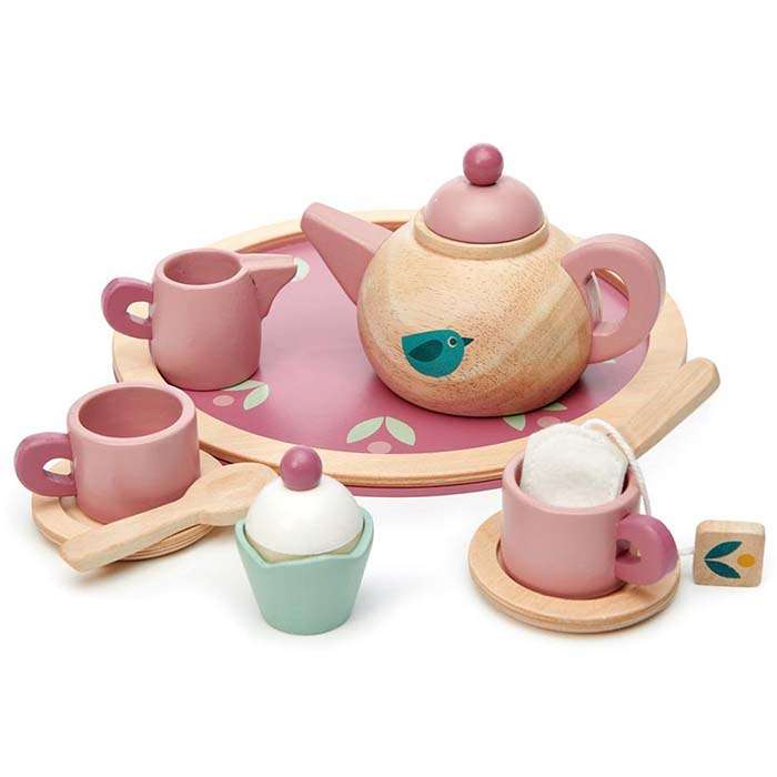 Doeppiedee Houtenspeelgoedkeukentje Theeset Birdie Theeservies Servies Theepot Theezakje Theekopjes Dienblad Gebakje Tender Leaf
